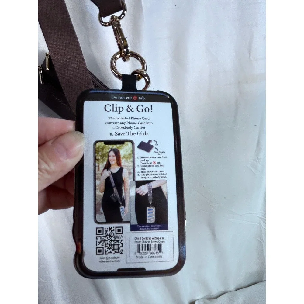 Save The Girls Clip & Go Phone Carrier OS Brown Chevron Crossbody Pouch Women